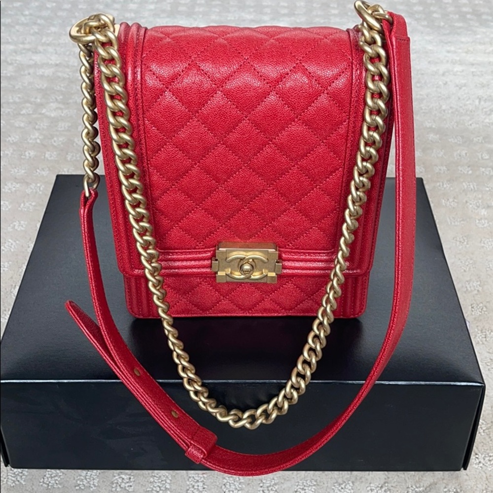Chanel Red Caviar North/South Boy Bag